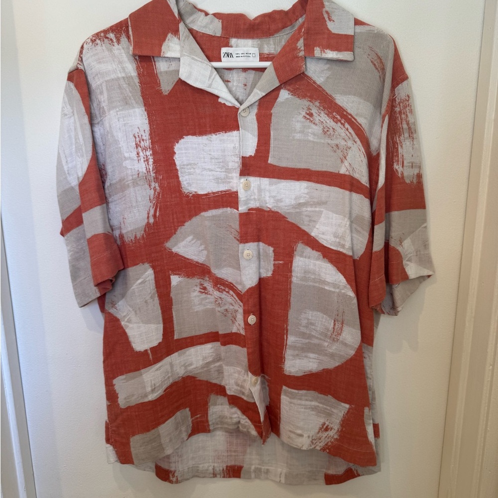 Zara Men's Casual Orange and White Patterned Shirt